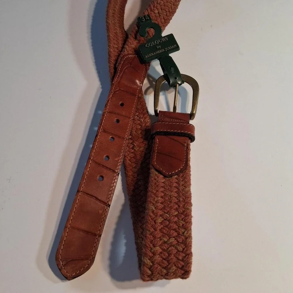 Vintage 90s mens Brown leather belt with braided stretchy body with gold buckle